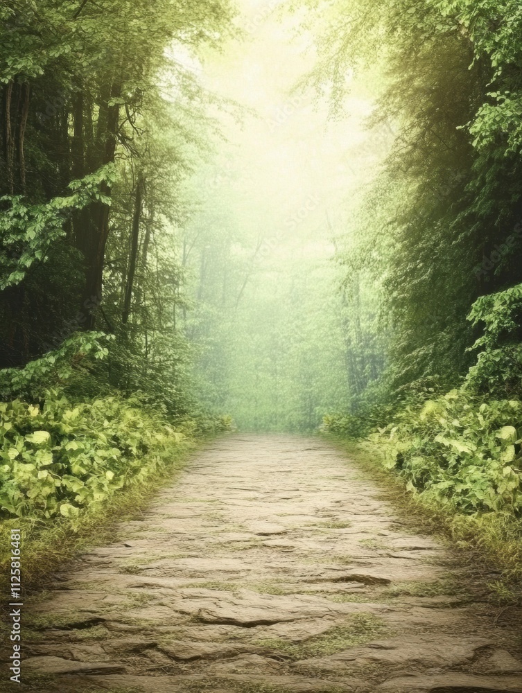 A stone pathway gently winds through lush greenery, beckoning visitors to discover the beauty of the dense forest beyond. Generative AI A stone pathway gently winds through lush greenery, beckoning visitors to discover the beauty of the dense forest beyond. Generative AI