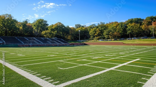 Open Football Field with Green Turf and Spectator Stands in Autumn