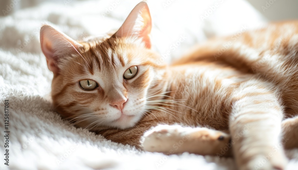 An orange tabby cat lies comfortably on a soft blanket, soaking up warm sunlight An orange tabby cat lies comfortably on a soft blanket, soaking up warm sunlight
