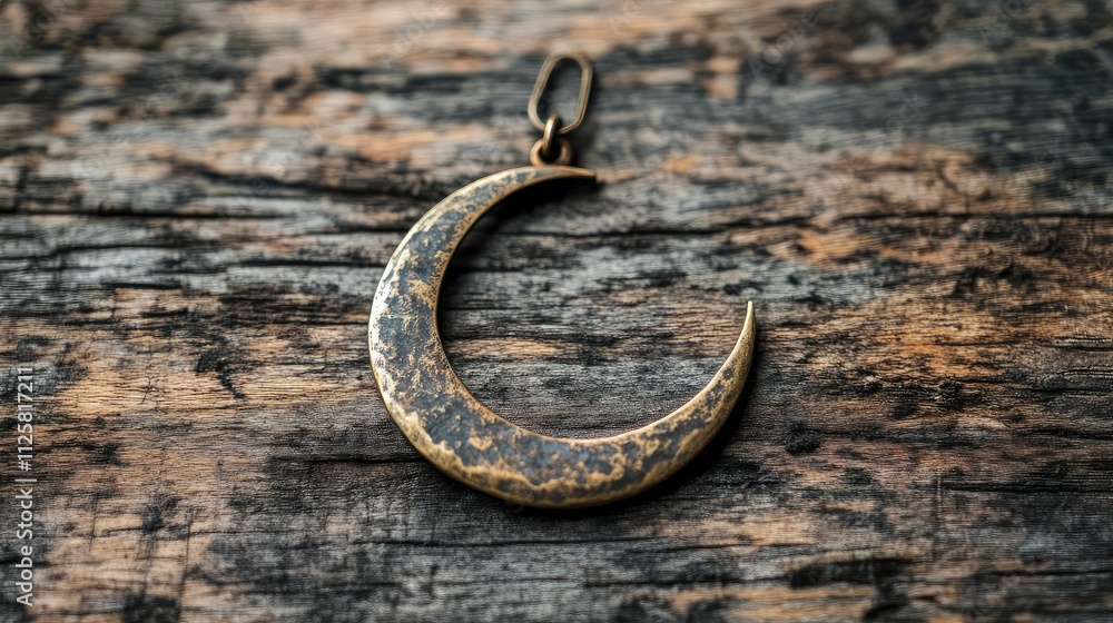 Antique Crescent Moon Pendant on Rustic Wooden Background Antique Crescent Moon Pendant on Rustic Wooden Background