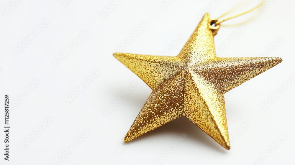 Golden Star Ornament with Sparkling Finish on a White Background Golden Star Ornament with Sparkling Finish on a White Background