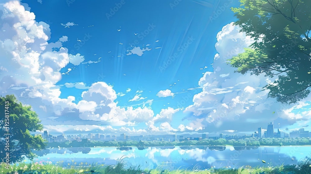 Fototapeta premium Serene Lakeside Cityscape Under a Bright, Cloudy Sky