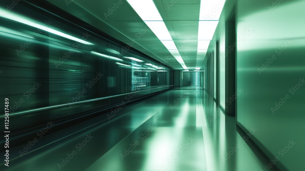 Fototapeta premium Futuristic blurred hospital corridor with clean lines and innovative lighting.