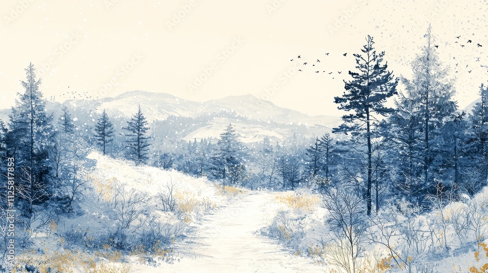 Fototapeta premium Innocent and romantic artistic style depicting the festive atmosphere of Norway's natural scenery with forests, hills, snow-covered paths, whimsical illustrations in white, pale yellow, and indigo.