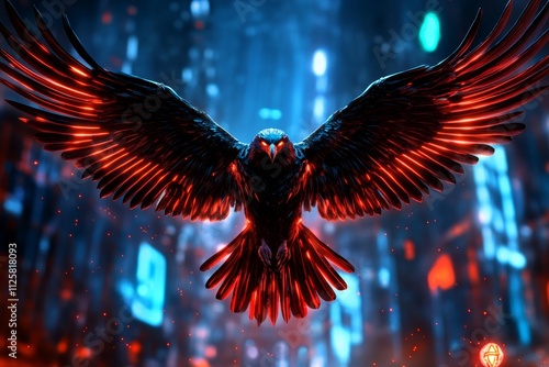 A cyberpunk depiction of an eagle with mechanical wings flying through a futuristic city, surrounded by glowing holograms and neon lights photo