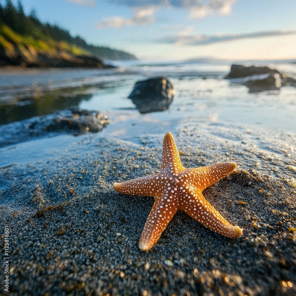 Beautiful Close-Up of a Starfish on a Sandy Beach with Soft Waves in the Background During Golden Hour Near a Coastal Landscape Beautiful Close-Up of a Starfish on a Sandy Beach with Soft Waves in the Background During Golden Hour Near a Coastal Landscape