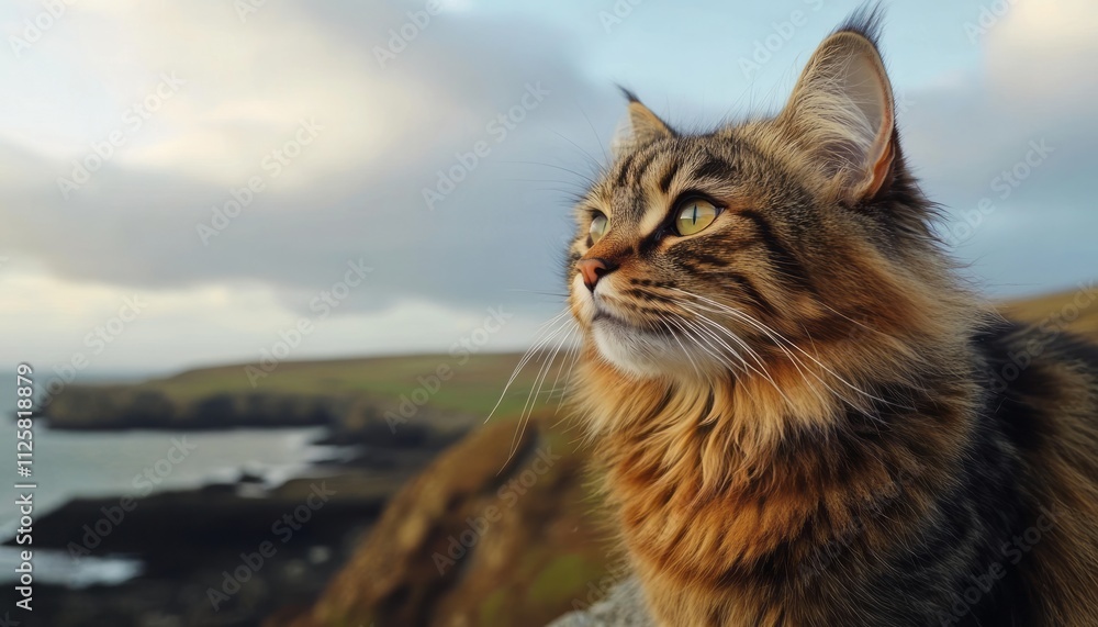 Obraz premium A cat calmly observes the ocean from a rocky cliff as the sun sets over the horizon