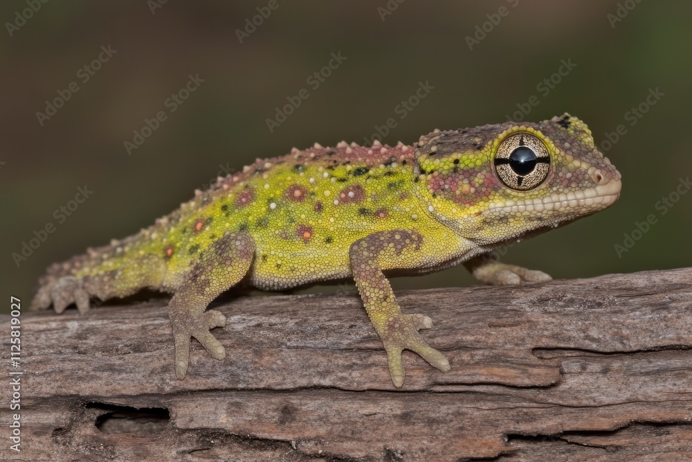 A colorful gecko perched on a log, showcasing its vibrant skin patterns. A colorful gecko perched on a log, showcasing its vibrant skin patterns.