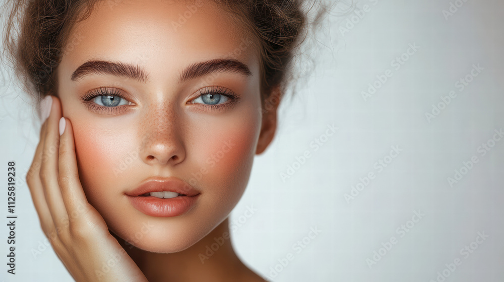 A beautiful woman with clean, fresh skin touching her face on a white background A beautiful woman with clean, fresh skin touching her face on a white background