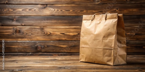 Disposable eco-friendly kraft paper bag on rustic wooden table, sustainable, packaging, recyclable, brown