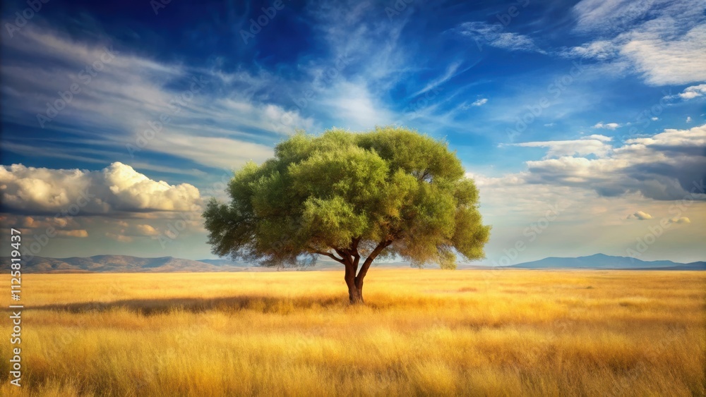 Fototapeta premium Landscape painting of an olive tree and vast dry grassland , olive tree, dry grass, landscape, painting, art, nature