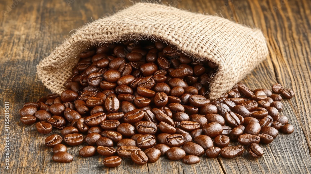 Freshly Roasted Coffee Beans Spill from Jute Bag on Wooden Table Freshly Roasted Coffee Beans Spill from Jute Bag on Wooden Table