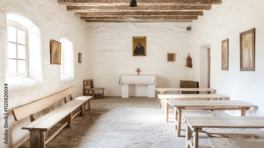 Obraz premium Serene Interior of a Simple Chapel with Rustic Wooden Decor