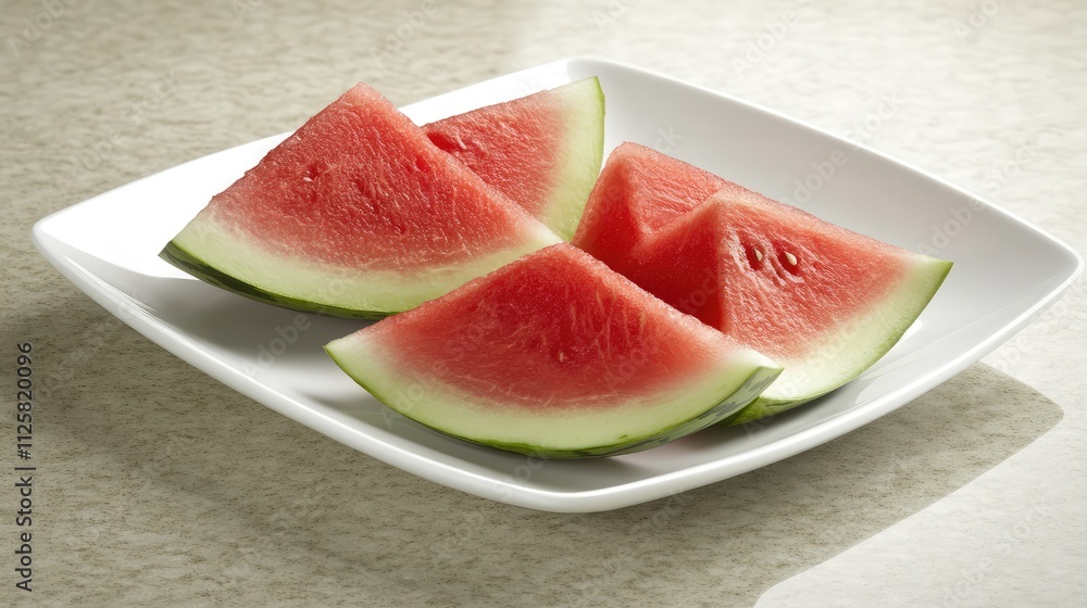 Freshly Cut Watermelon Slices on Square White Plate with Reflection Freshly Cut Watermelon Slices on Square White Plate with Reflection