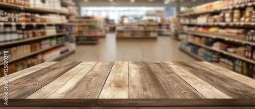 Modern wooden table for business. Showcase your products. Market shelf. Abstract blur counter background. Lifestyle shopping concept