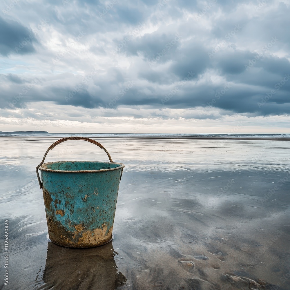 Rusty Blue Bucket on Tranquil Beach at Low Tide Under Dramatic Cloudy Sky with Calm Ocean and Reflections of Soft Light on Wet Sand Rusty Blue Bucket on Tranquil Beach at Low Tide Under Dramatic Cloudy Sky with Calm Ocean and Reflections of Soft Light on Wet Sand