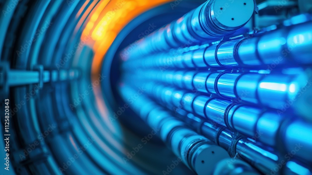 A futuristic tunnel illuminated with blue light and orange accents, showcasing a series of cylindrical structures. A futuristic tunnel illuminated with blue light and orange accents, showcasing a series of cylindrical structures.