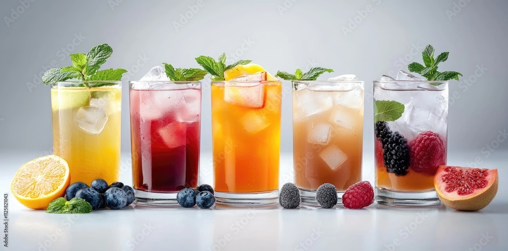 Refreshing display, row of iced beverages arranged with assorted ingredients on table, vibrant drink styling, mix of alcoholic and non-alcoholic options, emphasizing chilled refreshment, creativity. Refreshing display, row of iced beverages arranged with assorted ingredients on table, vibrant drink styling, mix of alcoholic and non-alcoholic options, emphasizing chilled refreshment, creativity.