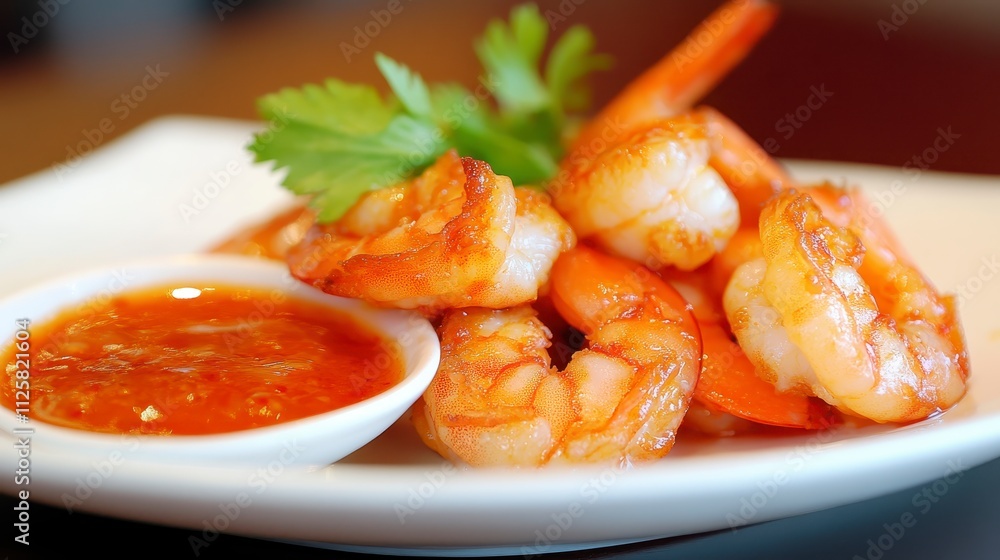 Delicious Spicy Shrimp Dish with Sweet Chili Sauce and Cilantro Delicious Spicy Shrimp Dish with Sweet Chili Sauce and Cilantro