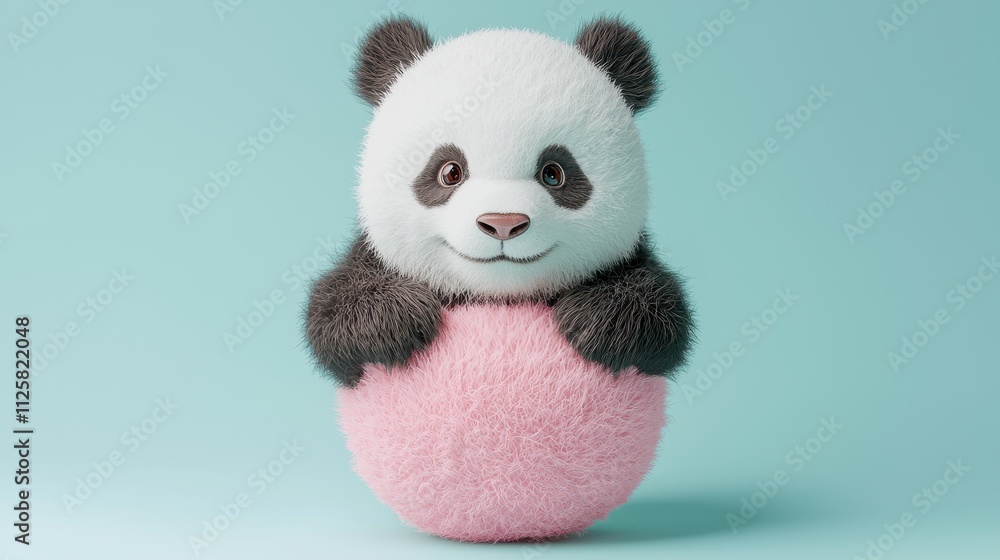 Fototapeta premium Cute Fluffy Panda Holding a Pink Ball on Soft Aqua Background