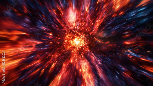 vibrant cosmic explosion of colors, showcasing fiery reds, deep blues, and shimmering purples, creating sense of dynamic movement and energy in universe