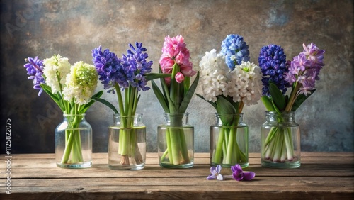 Wallpaper Mural Still life arrangement of hyacinths and freesias in glass vases, flowers, hyacinths, freesias, glass vases Torontodigital.ca