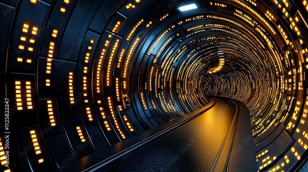 Fototapeta premium A futuristic tunnel with glowing lights creates a dynamic, immersive atmosphere, emphasizing depth and movement.
