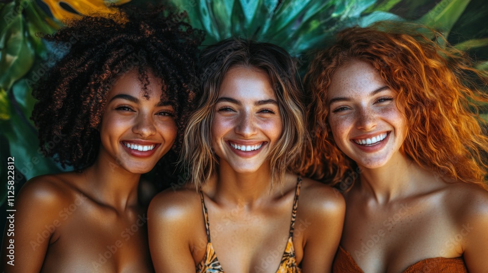 Three friends are smiling joyfully while posing close together against a lush, green backdrop. Their relaxed expressions convey happiness and camaraderie, illuminated by sunlight. Three friends are smiling joyfully while posing close together against a lush, green backdrop. Their relaxed expressions convey happiness and camaraderie, illuminated by sunlight.
