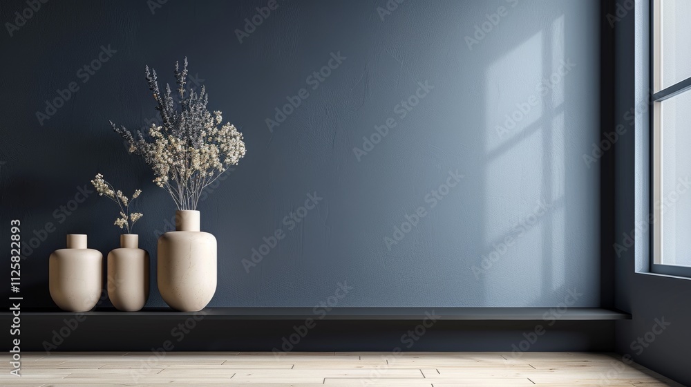 A serene space featuring a dark navy wall, light birch floors A serene space featuring a dark navy wall, light birch floors