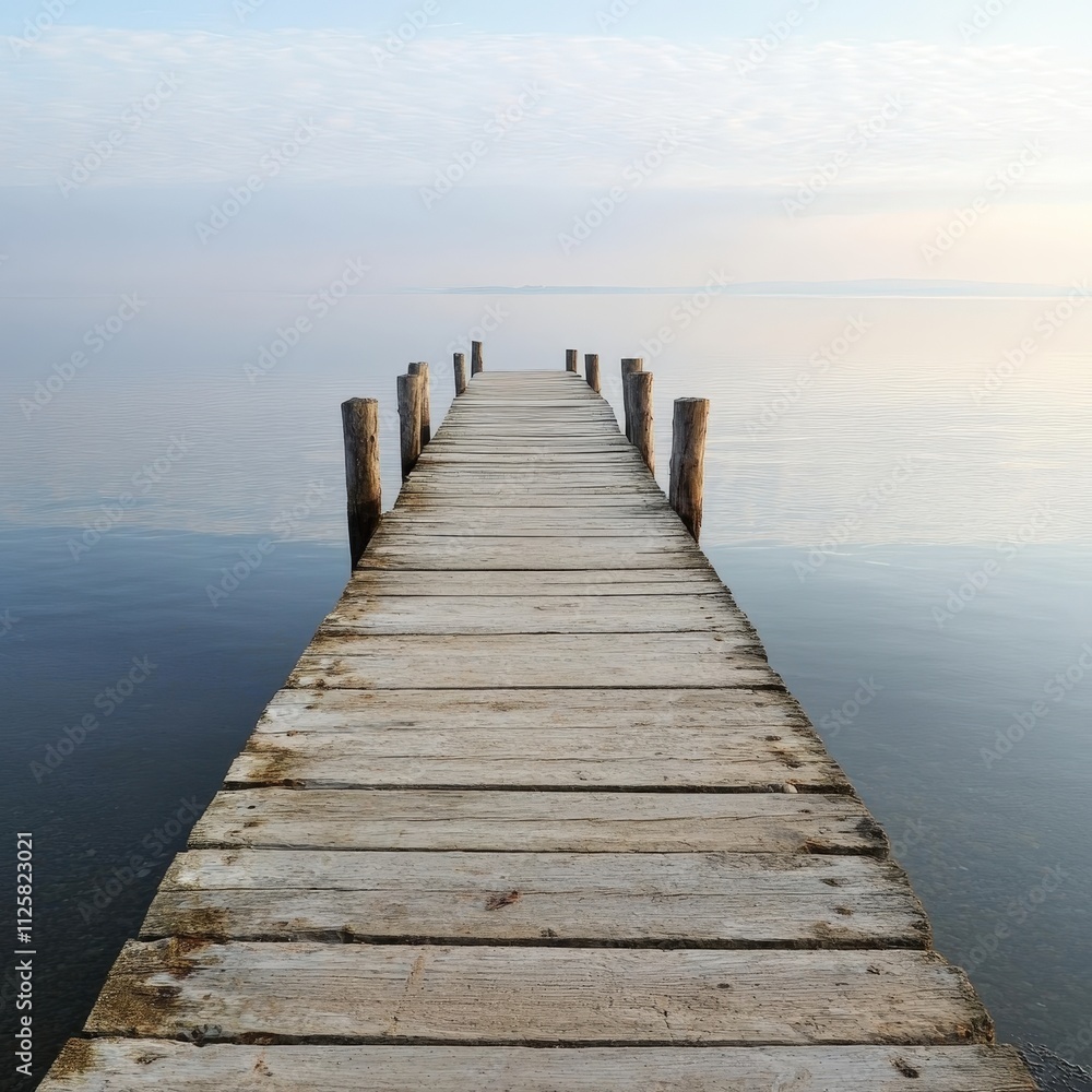 Fototapeta premium Serene Wooden Pier Extending into Calm Water Under Soft Cloudy Sky at Dawn, Perfect for Tranquil Landscape Photography and Nature Themes