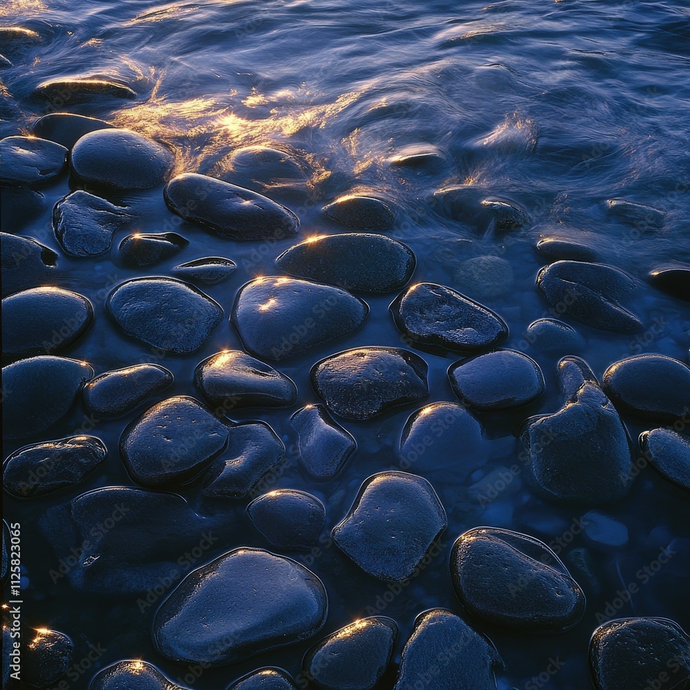 Obraz premium Smooth, glossy stones resting in tranquil waters, reflecting soft sunlight and surrounded by gentle ripples, creating a serene natural atmosphere and perfect for relaxation.