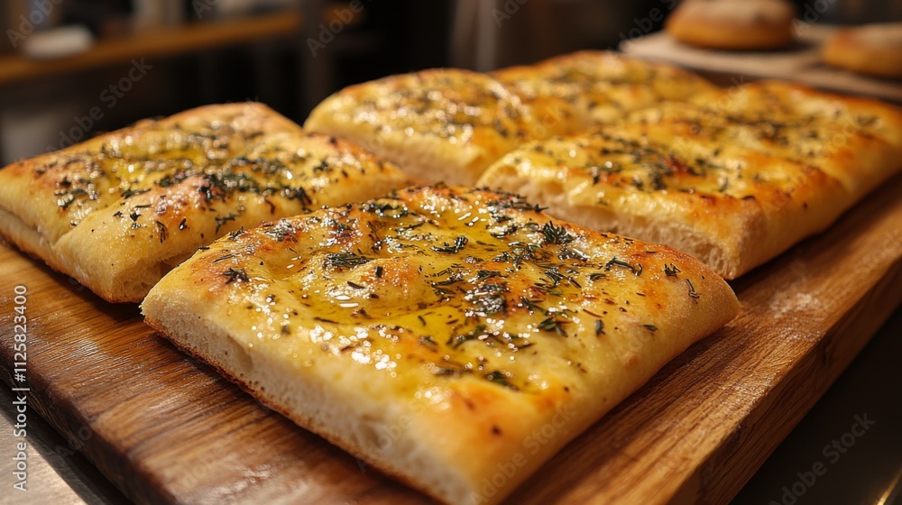 Warm, golden focaccia bread topped with aromatic herbs sits on a wooden board. This freshly baked bread is perfect for sharing at a gathering or enjoying with a meal. Warm, golden focaccia bread topped with aromatic herbs sits on a wooden board. This freshly baked bread is perfect for sharing at a gathering or enjoying with a meal.