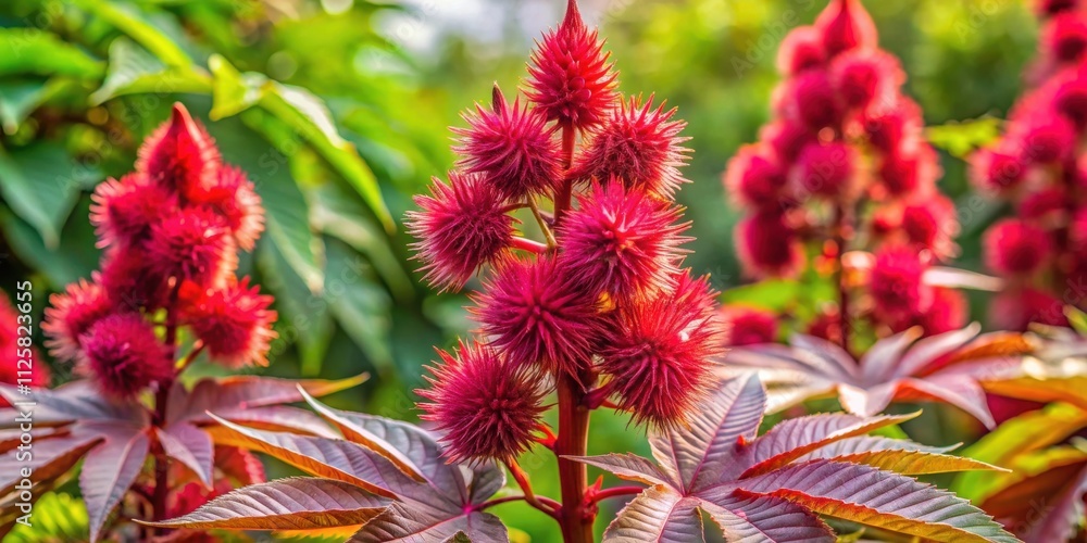 Vibrant Castor bean plants in full bloom , agriculture, botanical, garden, nature, toxic, seeds, oil, leaves, tropical Vibrant Castor bean plants in full bloom , agriculture, botanical, garden, nature, toxic, seeds, oil, leaves, tropical