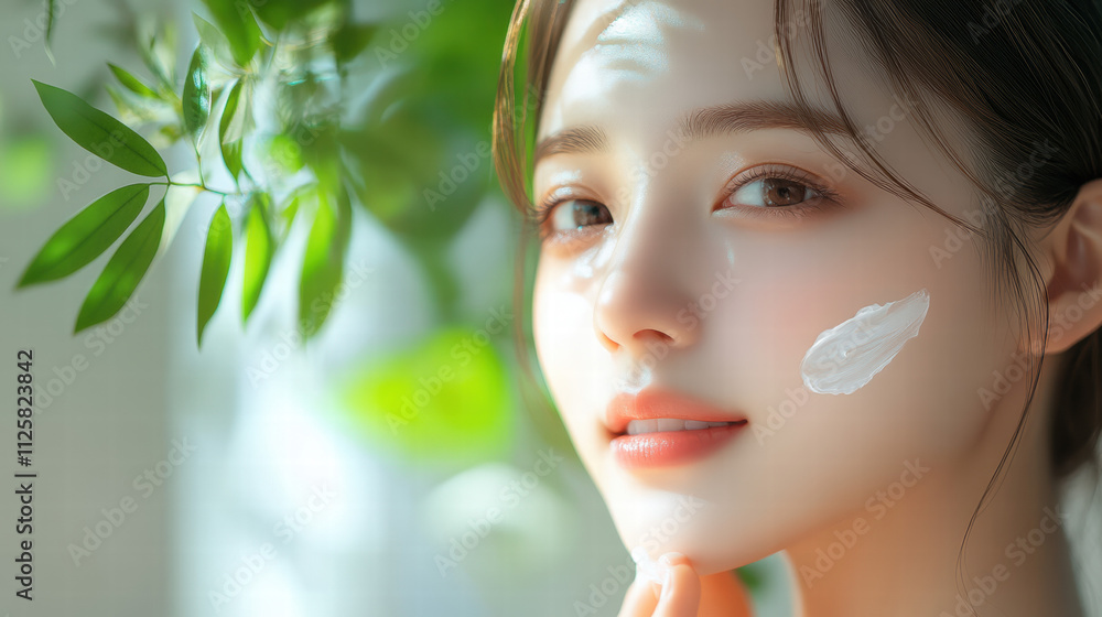 A beautiful Asian woman is applying facial cream to her face, a close-up of the skin and eye area with a clear texture, skin care concept with green plants in the background A beautiful Asian woman is applying facial cream to her face, a close-up of the skin and eye area with a clear texture, skin care concept with green plants in the background