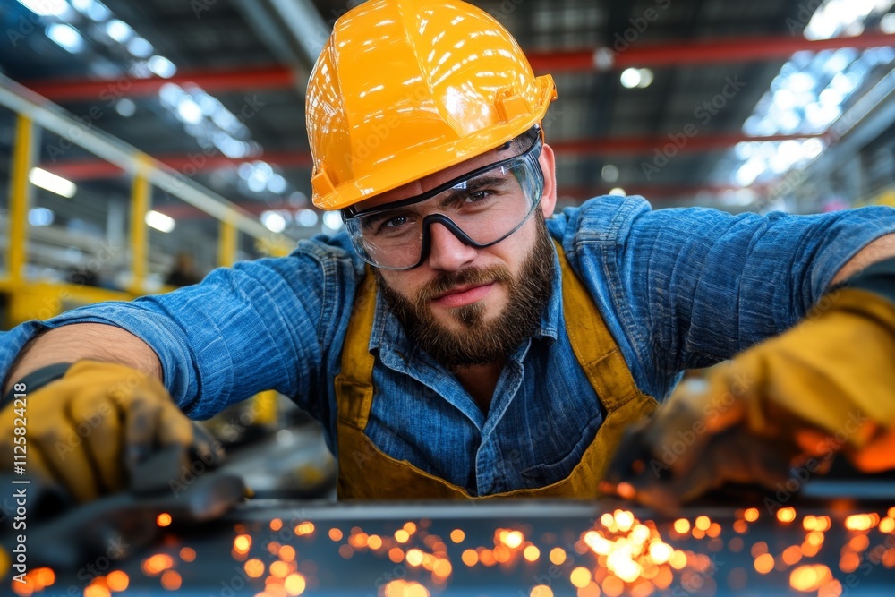 A high-resolution photo of a worker on a factory floor operating advanced machinery, emphasizing industrial efficiency A high-resolution photo of a worker on a factory floor operating advanced machinery, emphasizing industrial efficiency