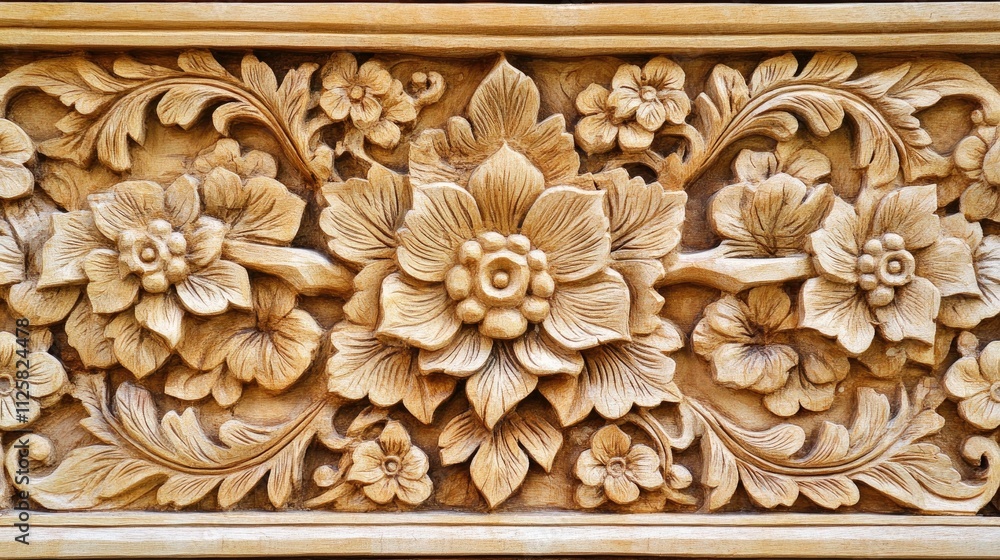Intricate Wooden Carving of Flower Patterns in Natural Wood Finish Intricate Wooden Carving of Flower Patterns in Natural Wood Finish