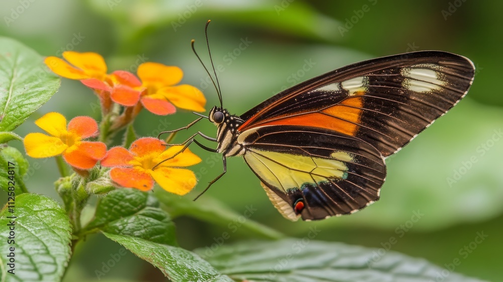 Close-Up of a Vibrant Butterfly Perched on Colorful Flowers in a Lush Garden Setting Showcasing Nature's Beauty and Diversity in an Enchanting Habitat Close-Up of a Vibrant Butterfly Perched on Colorful Flowers in a Lush Garden Setting Showcasing Nature's Beauty and Diversity in an Enchanting Habitat