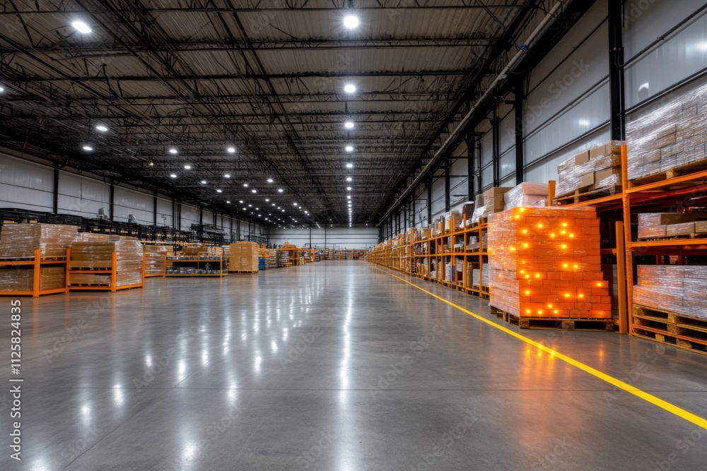 A logistics center filled with shelves of products ready for ecommerce fulfillment, illuminated by bright LED lights A logistics center filled with shelves of products ready for ecommerce fulfillment, illuminated by bright LED lights