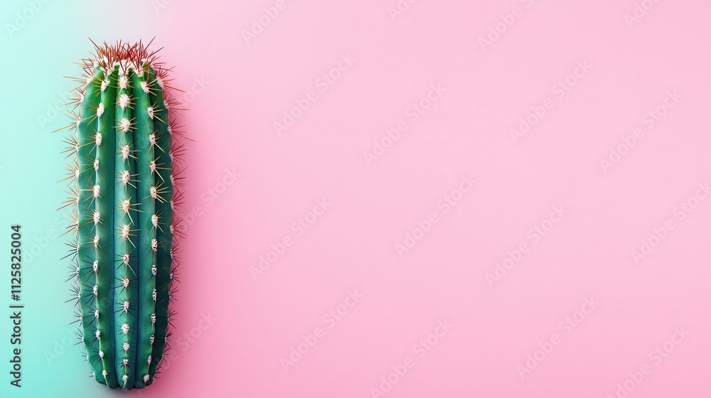 Naklejka premium Vibrant Green Cactus on Soft Pink and Blue Background for Decor