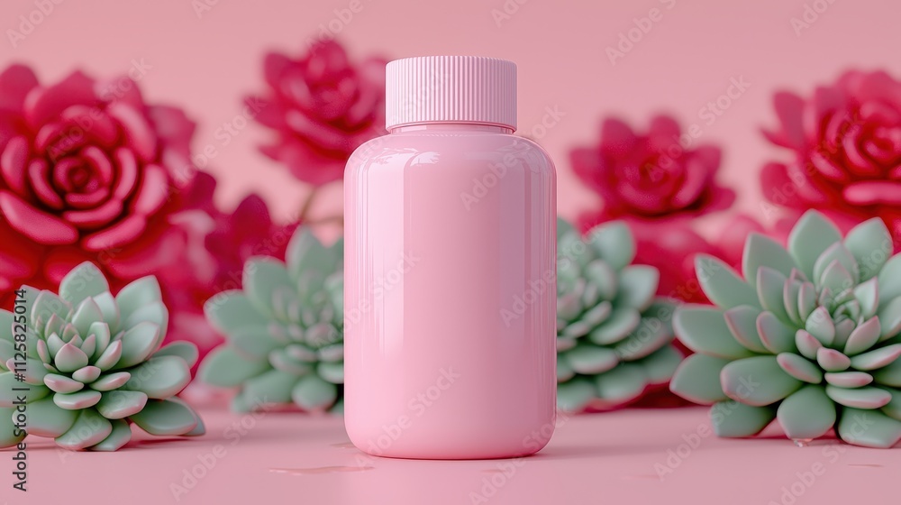 Pink Bottle Among Green Succulents and Red Roses on Soft Background Pink Bottle Among Green Succulents and Red Roses on Soft Background