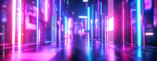 Futuristic cityscape with glowing neon lights illuminating streets, creating vibrant and dynamic atmosphere. colorful reflections enhance modern aesthetic