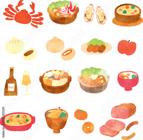 冬グルメの水彩イラストセット
