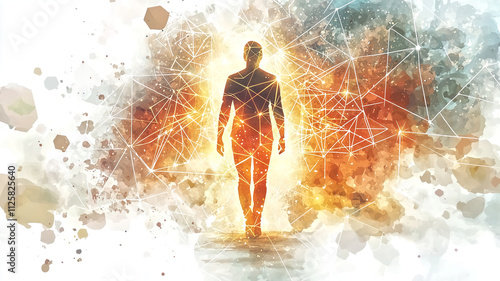 human silhouette walks through vibrant, glowing geometric landscape, surrounded by colorful abstract shapes and light. This evokes sense of exploration and transformation