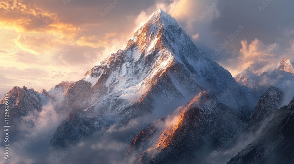 Majestic Snow-Capped Mountain Peaks Under Dramatic Sunset Skies