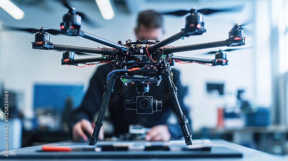 High-Tech Drone with Camera Lens in Modern Laboratory Environment High-Tech Drone with Camera Lens in Modern Laboratory Environment