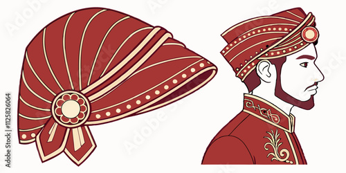 An elegant red groom's turban adorned with intricate embroidery and pearls, paired with traditional embroidered sherwani, symbolizing the regal attire of an Indian wedding.
