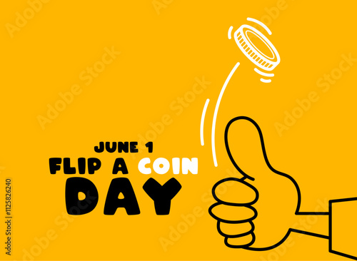 Flip a coin day. June 1. Line outline. Yellow background. Flat design vector.