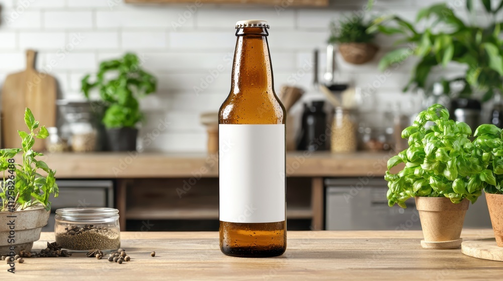 Blank beer bottle mockup on wooden table kitchen setting photography Blank beer bottle mockup on wooden table kitchen setting photography