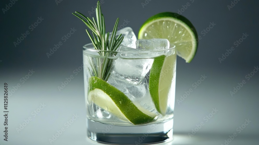 Refreshing Cocktail with Lime, Ice, and Rosemary Garnish in Glass Refreshing Cocktail with Lime, Ice, and Rosemary Garnish in Glass