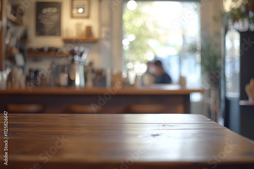 Empty wooden table in a blurry cafe background.